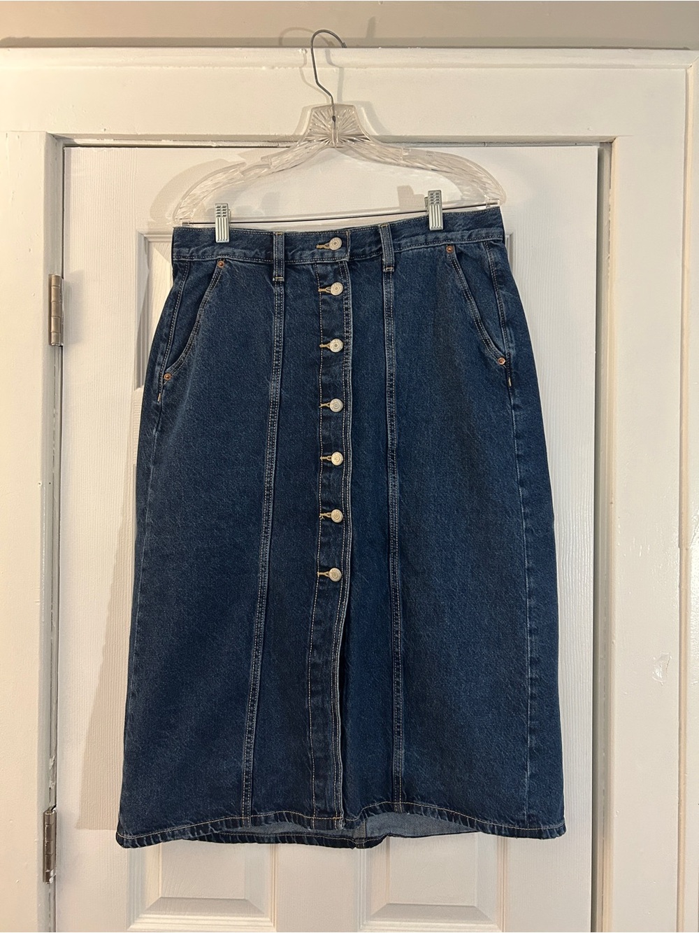 Button-Front Denim Midi Skirt